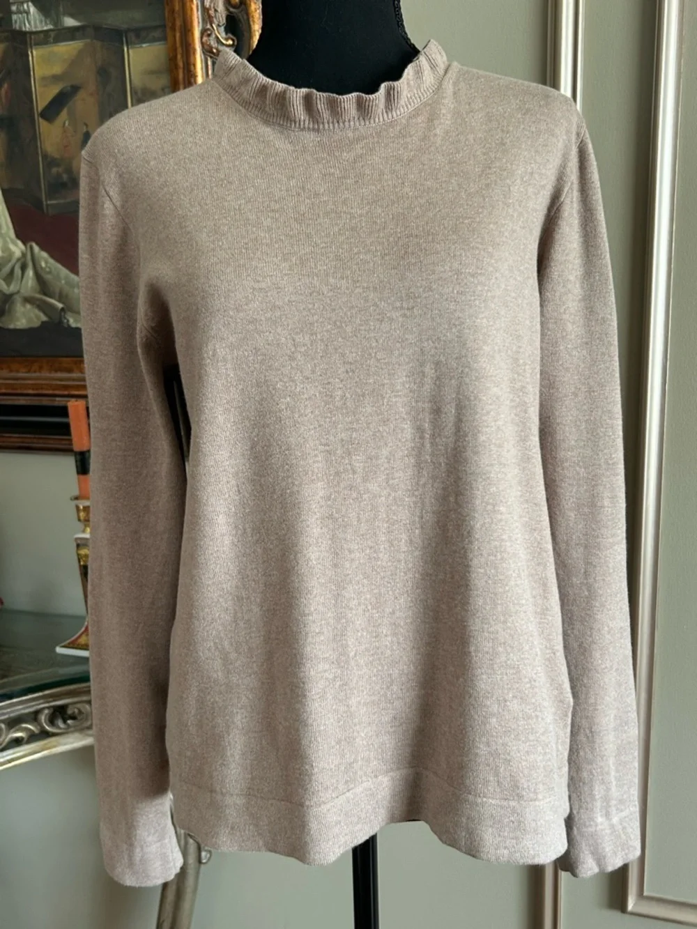 J. Crew Beige Ruffle Neck Sweater Lightweight Knit Pullover Casual Chic Size M